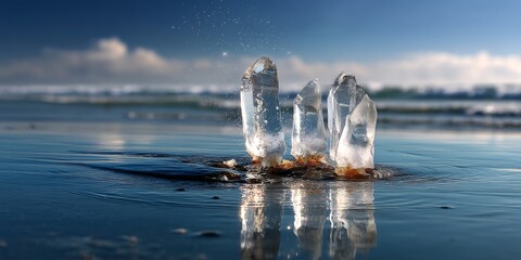 Ice shards emerging from melting arctic ice with ocean waves in background