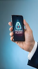 Hand holding smartphone with scam alert on screen against blue background