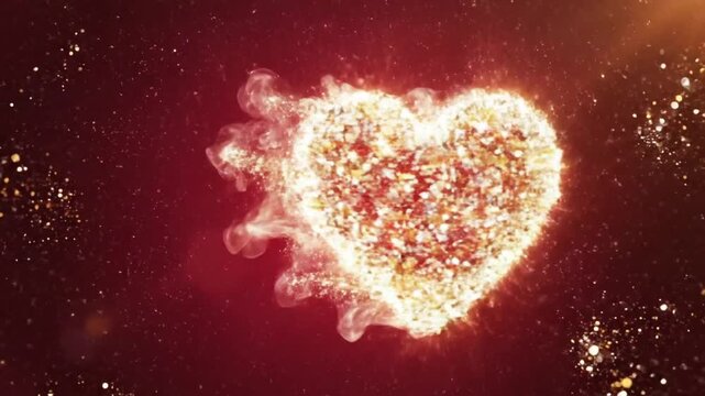 4k animation of gold and silver shine flying and make a heart on a red backdrop for Valentine's day, luxury product commercials.