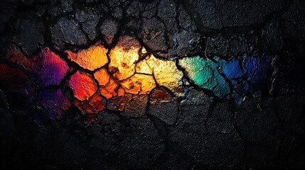 Naklejka premium Chromatic Earth: A vibrant rainbow of colors bursts forth from the cracked earth. An abstract scene that evokes feelings of rebirth and transformation, portraying the resilience of nature.