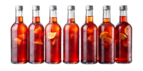 Row of refreshing red fruit-infused beverages in clear glass bottles with condensation