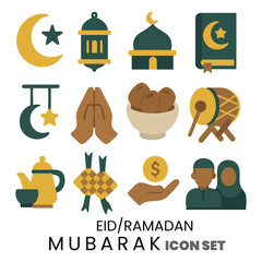 Islamic Eid and Ramadan Mubarak Icon Set with Mosque Lantern Quran and Traditional Religious Symbols