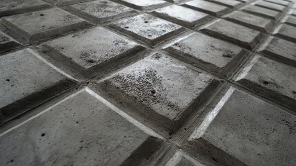 Grey concrete pavement with raised square blocks forming a repetitive geometric pattern, rough textured surface ideal as industrial architectural background or construction detail
