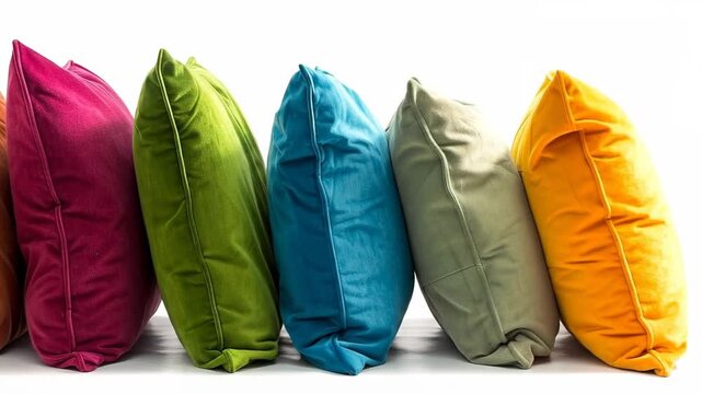 Colorful decorative pillows lined in a row on white background.