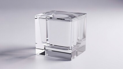 A transparent cube is centered on a reflective white surface with subtle shadows