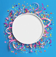 Round White Frame Surrounded by Colorful Confetti on Blue Background for Party Invitations, Greeting Cards, and Celebratory Designs