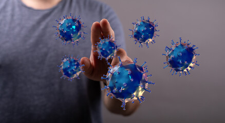 Person interacting with digitally generated coronavirus particles, visualizing infection, health, and disease