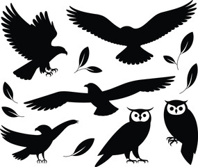 Obraz premium Bird silhouettes collection illustration isolated on white background, flying owl eagle leaves wildlife nature vector design black icon set