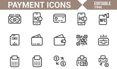 Financial transaction and ecommerce payment outline icons