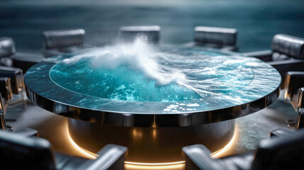 Obraz premium Futuristic round table with dynamic water surface, abstract concept of collaboration, innovation, and flow