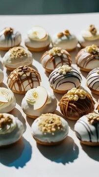 Assortment of mini donuts with various toppings, like apple, nuts