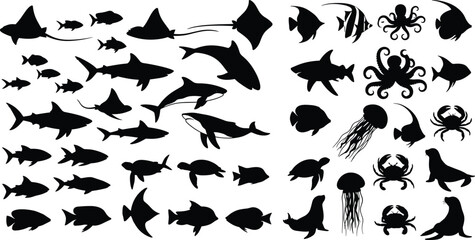 Sea life animal silhouettes set, ocean fish collection, whale shark octopus jellyfish icons, marine underwater creature vector, aquatic wildlife graphic elements. © MDMOHOBBAT