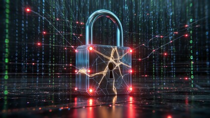 broken digital lock with glowing cracks and data lines, binary matrix background, cybersecurity breach warning, 4K