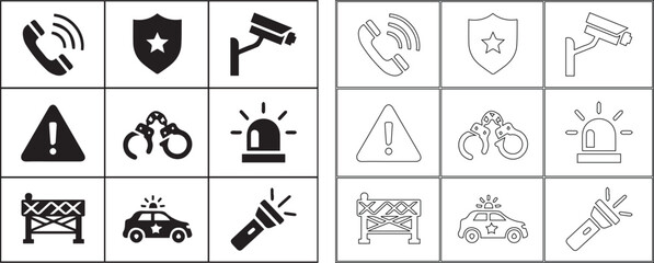 Set of Security and Police Icons. Modern Black Filled and Outline Line Vector Collection. isolated PNG with Transparent Background