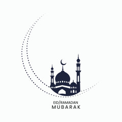 Minimalist Islamic Ramadan and Eid Mubarak Mosque Silhouette with Dotted Crescent Moon