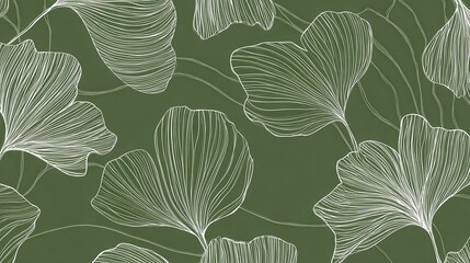 Ginkgo biloba leaf pattern creating elegant nature inspired digital wallpaper. White line drawing botanical texture on olive green background. Asian foliage design