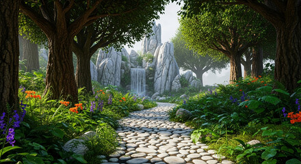 Stone path leads to waterfall nestled amongst lush greenery and rocks, creating a serene, tranquil forest scene, ideal for relaxation or nature themes