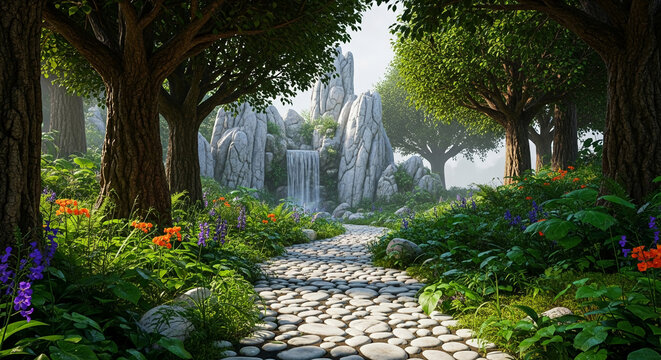 Stone path leads to waterfall nestled amongst lush greenery and rocks, creating a serene, tranquil forest scene, ideal for relaxation or nature themes - Powered by Adobe