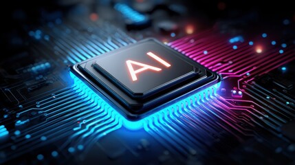AI Machine learning. A close-up of a microchip with "AI" illuminated, showcasing vibrant circuitry and a futuristic design.