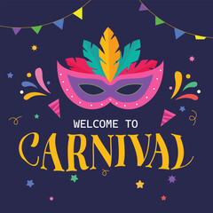 Bright and colorful carnival poster featuring a decorative mask, feathers, confetti and party banners. Perfect design for carnival events, party flyers, festival posters, invitations and social media 