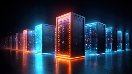 AI Machine learning. A futuristic data center with illuminated server racks displaying vibrant blue and orange lights against a dark background.