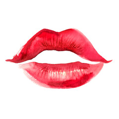 Fototapeta premium Beautiful watercolor red lips on white background, perfect for Valentine's Day theme, or makeup cosmetic product. Smear and texture of red kiss made with paint.