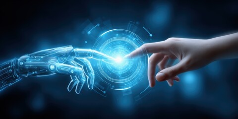 AI Machine learning. A robotic hand reaches out to connect with a human hand, symbolizing the merging of technology and humanity.