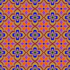 Fototapeta premium Thai Cultural Silk Ikat Seamless Pattern, Traditional Geometric Floral Ornament Background for Textile and Wallpaper Design, Luxury Gold and Blue Batik Fabric Texture.