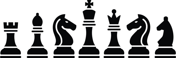 Chess pieces silhouette illustration, strategic game concept, king queen rook bishop knight pawns, black white vector icon set, design, collection © Bokul Creatives