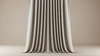 A flowing pleated curtain standing in a minimalist beige room with soft lighting from the front viewpoint