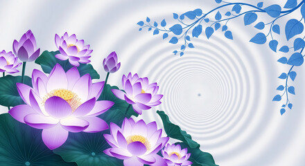 Purple lotus flowers and blue leaves on a swirling white background, creating a serene and peaceful scene, ideal for relaxation or spa concepts
