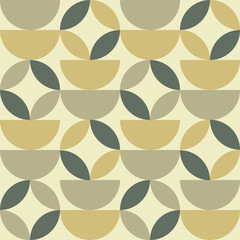 Mid Century modern semi circles and circle leaf seamless pattern in light avocado green, sage green and taupe on cream background. For wallpaper, home d&eacute;cor and retro backgrounds