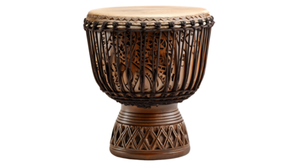 Traditional African Djembe Drum with Intricate Carvings and Rope Design