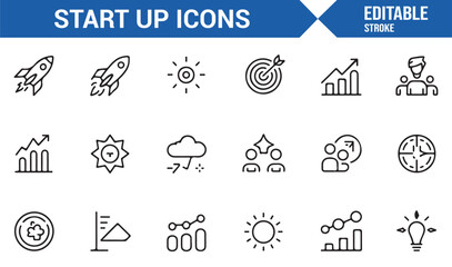 Minimal startup and entrepreneurship outline icons set