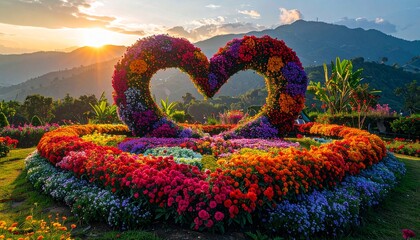 Massive Heart of Flowers Landmark at the Annual Chiang Rai Flower and Art Festival Celebration