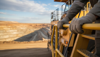 Gold mining worker hand on rail mining truck safety glove focus, open pit mine background industrial landscape daylight