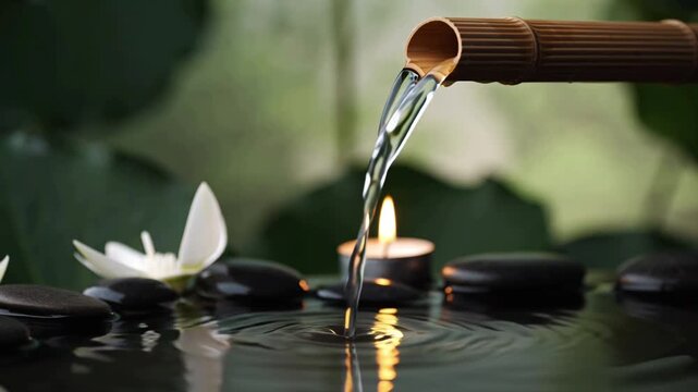 Macro cinematic video bamboo water spout dripping onto black stones, white lotus flowers green leaves around, single candle flickering, soft reflections in water, shallow depth of field, slow pan, 4K