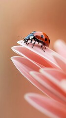 Red ladybug resting on delicate pink flower petal, soft natural background, serene nature scene.