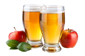 Refreshing golden apple cider in tall glasses with fresh red apples and green leaves