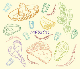 Hand-drawn Mexico themed doodle icons including tacos, chili peppers, sombrero, cactus and traditional elements. Perfect for travel graphics, food blogs, posters, packaging and educational materials.