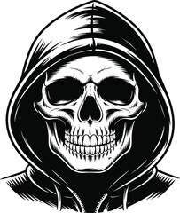 Fototapeta premium Human skull wearing hoodie sweatshirt vector illustration, grim reaper character head silhouette for streetwear apparel design