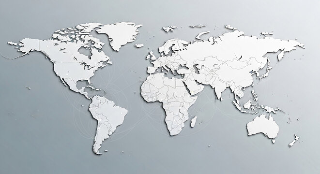 Embossed world map with subtle gray background, depicting global connections, ideal for travel, business, or global network concepts - Powered by Adobe