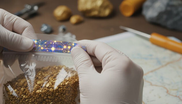Gold nugget mining bag gloved hand plastic pouch digital security seal secure packaging laboratory desk technology concept precious metal