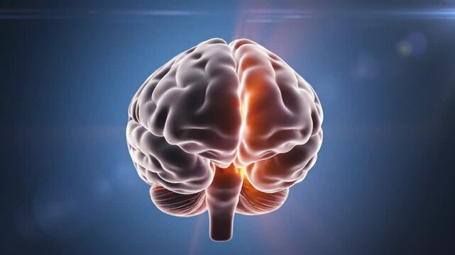 Anatomical Render of a Human Brain with Internal Energy Source on a Blue Background