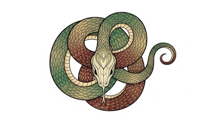 Entwined snake illustration with green and brown scales.