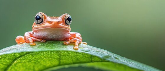 Small orange amphibian rests on a wet green leaf with soft focus background