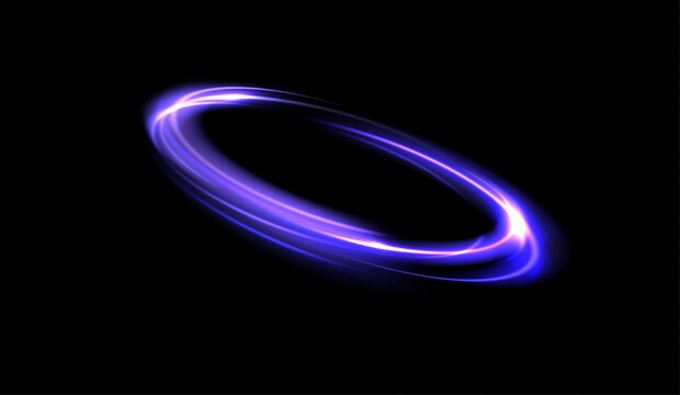 Neon purple ring of light with smooth glowing trails creating a circular motion effect. Futuristic energy vortex isolated on a dark background. Suitable for visualizing technology and sci-fi concepts.