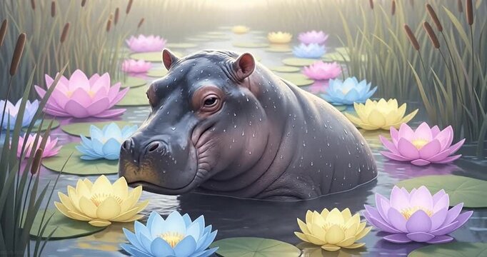 A serene hippopotamus immersed in a tranquil pond surrounded by blooming water lilies at dawn