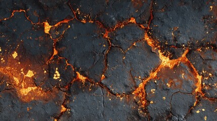 Lava flow creates cracks in solidified ground in volcanic landscape near a volcanic eruption site in an active region