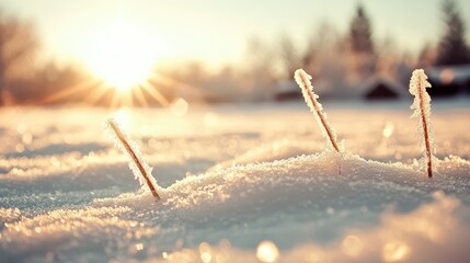 Golden sunlight illuminates frosted grass stalks emerging from snowy ground in a peaceful natural winter landscape.